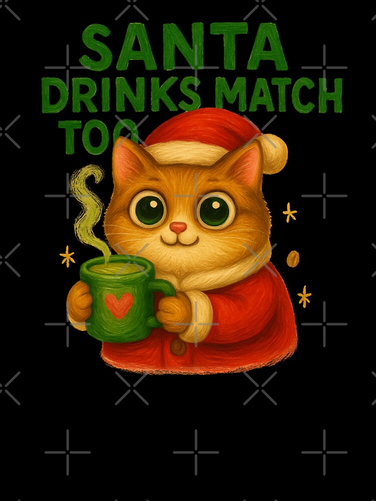 Santa Drinks Matcha Too Cat Art by Liv Solara