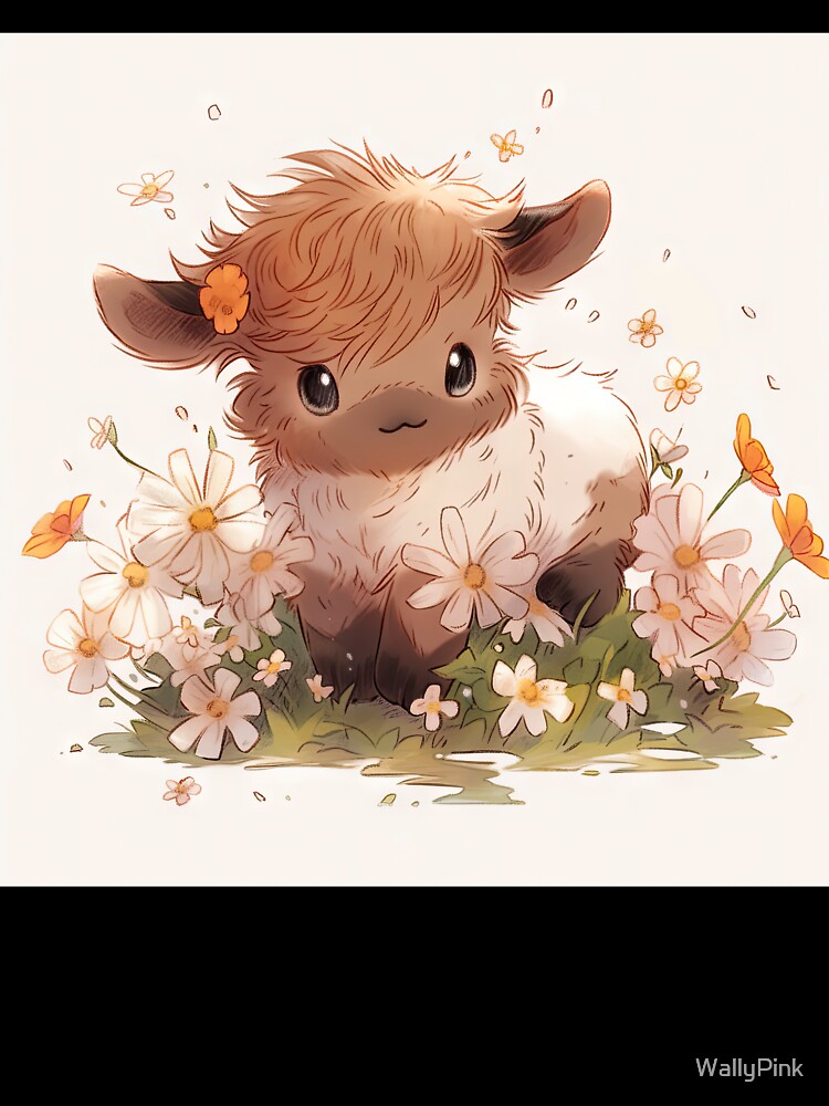 cute highland cow calf baby in kawaii manga anime stlye by WallyPink