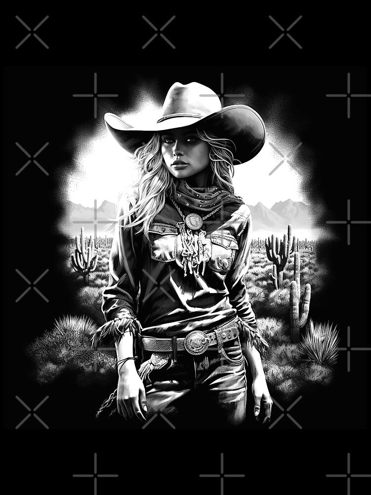Western Cowgirl in Desert Cactus Landscape | Black and White Southwest Art by inkoutninja