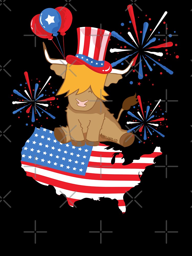 Scottish highland cow 4th of july independence celebration fireworks with USA map by Ayelandco