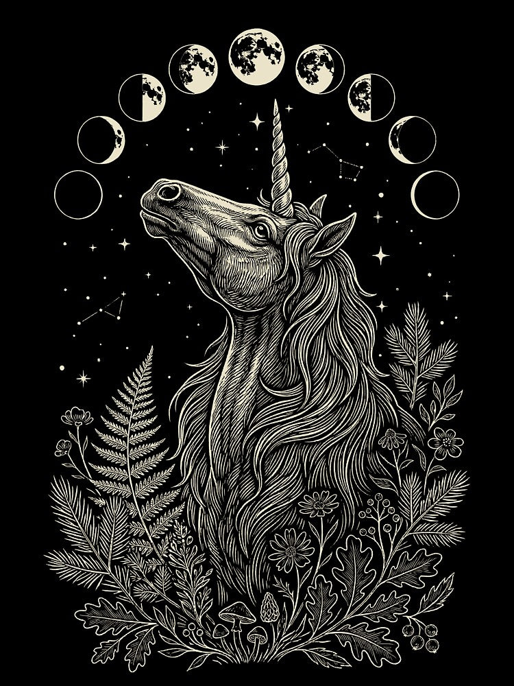 Unicorn Moon Phases – Mystical Celestial Botanical Illustration by Skyleton