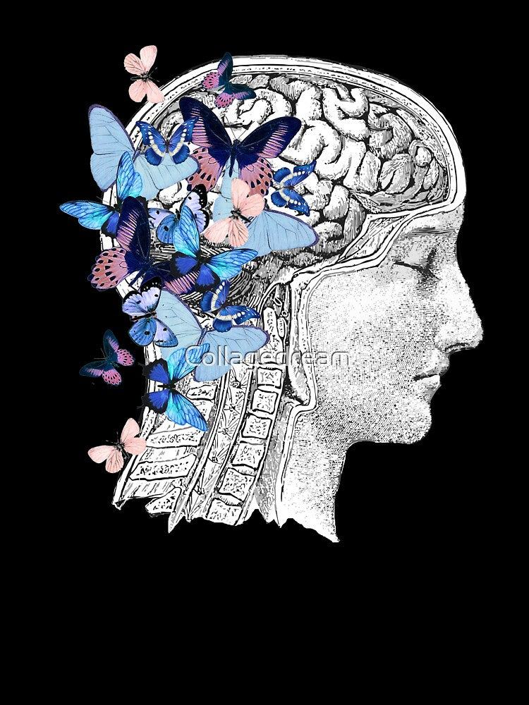 Brain blue butterflies floral mental health, brain psychology, mental health matters by Collagedream