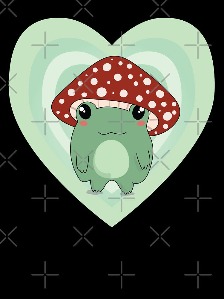 Mushroom Hat Kawaii Frog on Light Green Hearts by Good-Find