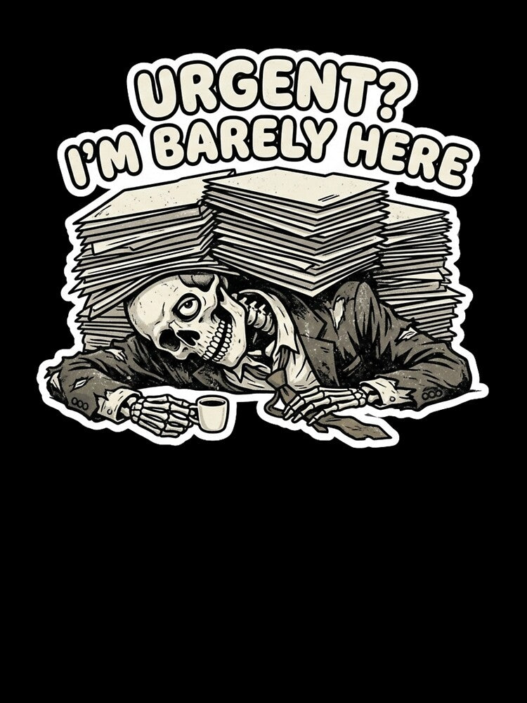 Urgent I’m Barely Here Funny Skeleton Office Burnout Work Humor Design by ZYNORAworld