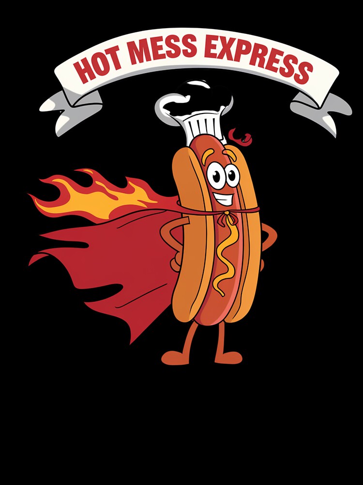 Funny Hot Mess Express Chef Hat Flaming Hot Dog Cartoon Design by badburropress