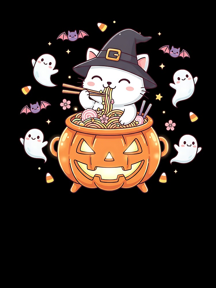 Kawaii Cat Eating Ramen Pumpkin Bowl Ghost Bat Halloween Men by TalalosART