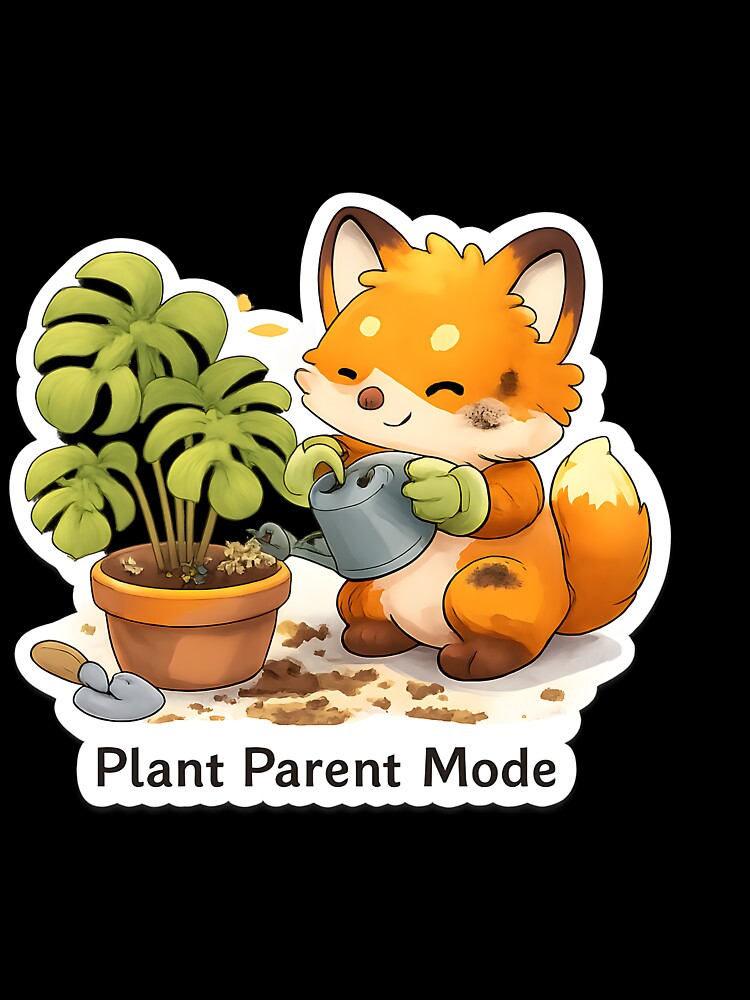 Plant Parent Mode – Cute Kawaii Fox Watering Houseplants Art by Still Breathing Studio