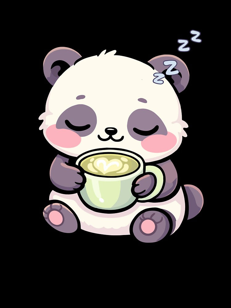 Sleepy Kawaii Panda Drinking Matcha – Cozy Pastel Animal Art by CozyCritterShop