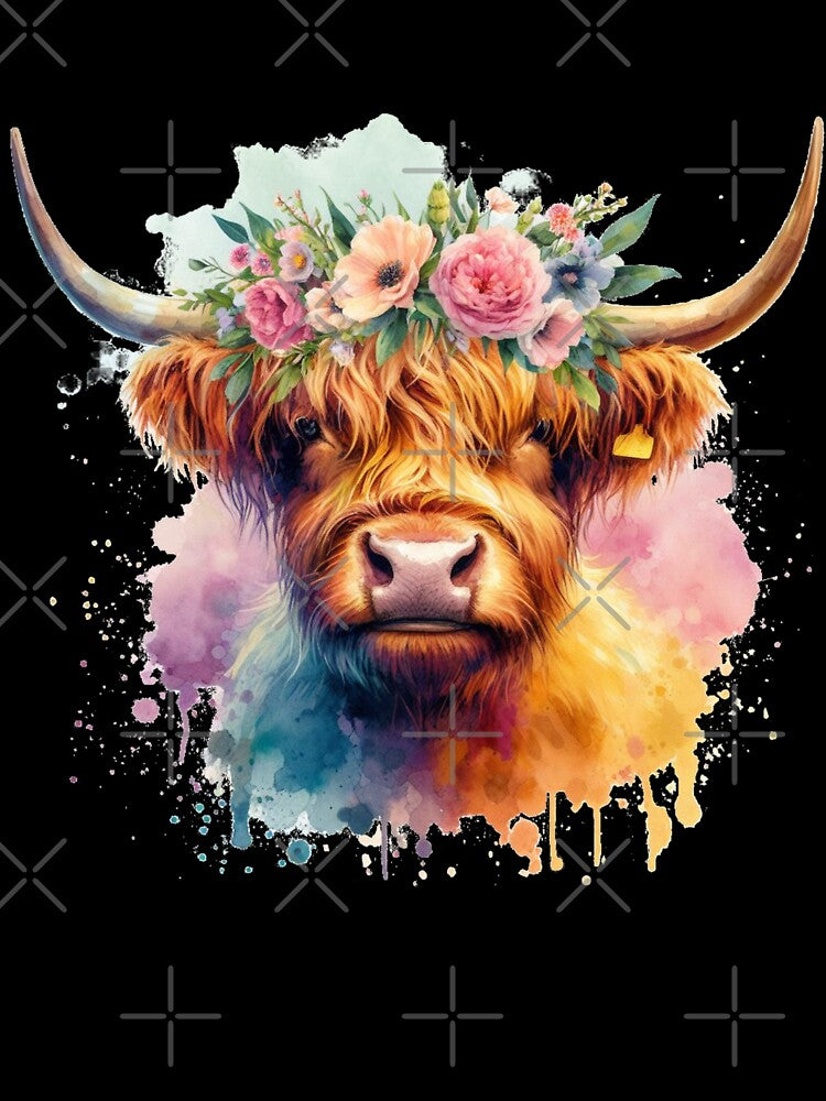 Scottish Highland Cow Wearing a Crown of Flowers Colorful Watercolor by MaedK