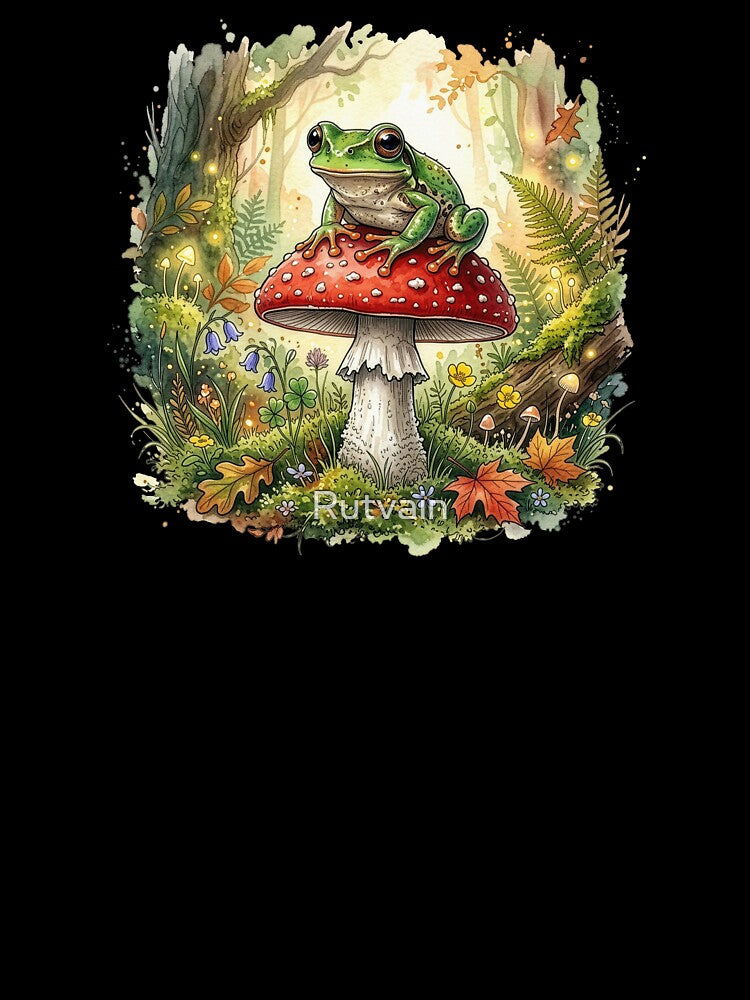 Cute Frog Mushroom Forest Illustration by Rutvain