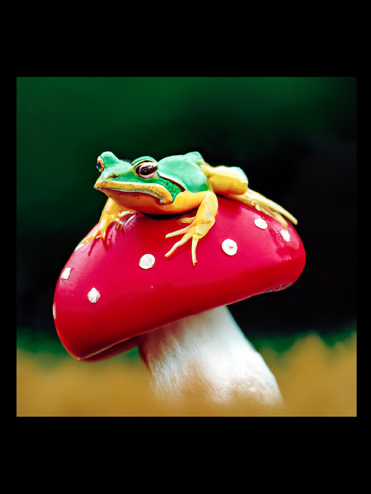 Green Tree Frog Sitting On An Amanita Muscaria Mushroom - Santa Claus Mushroom Psychedelic by AlanPhotoArt