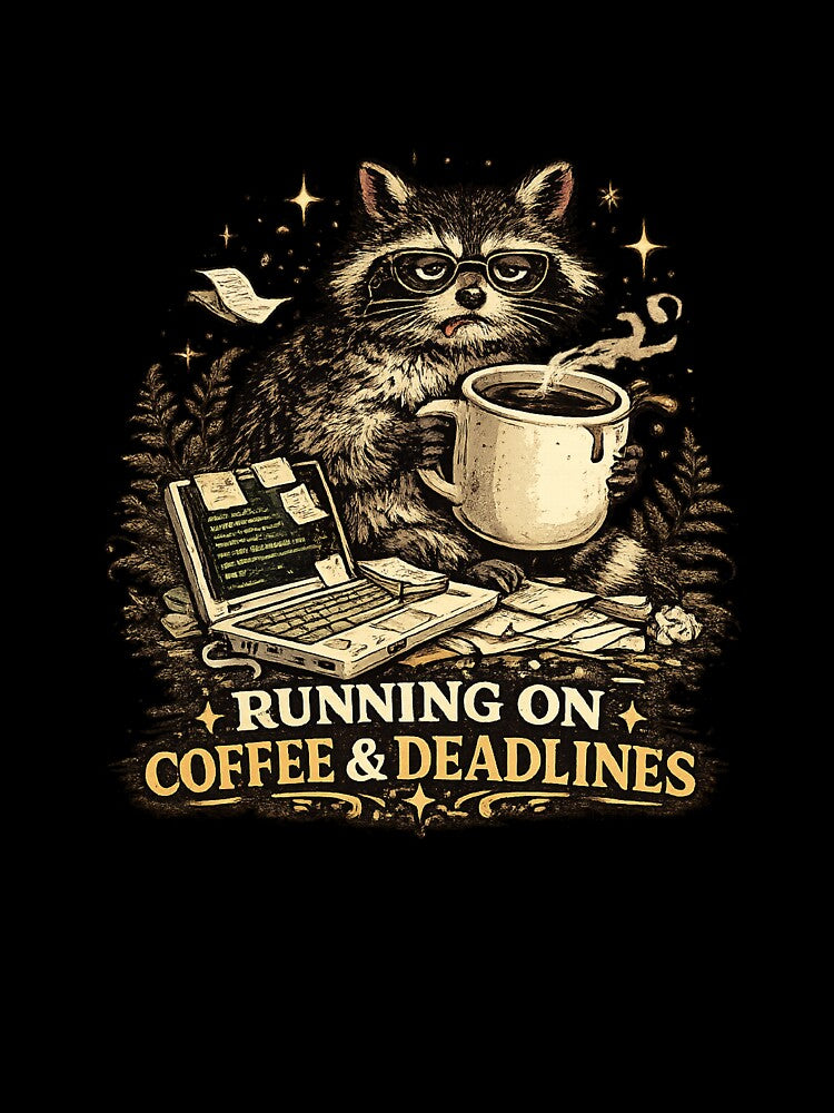 Running On Coffee And Deadlines Raccoon T-Shirt by NeonVoid Studio