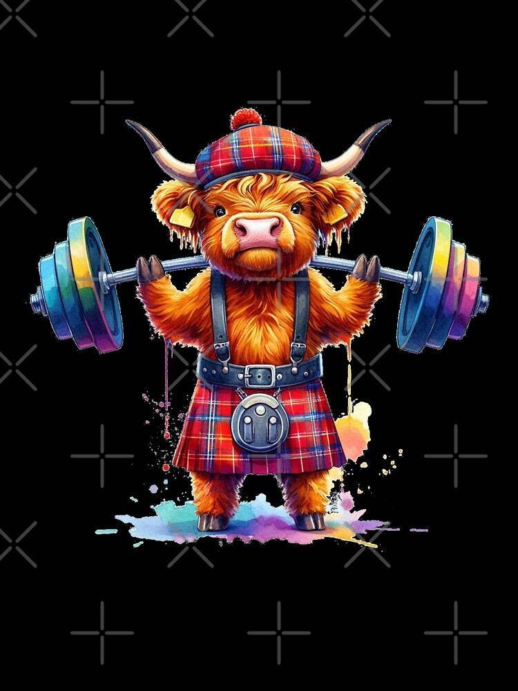 Cute Scottish Highland Cow Weightlifting Colorful Fun Watercolor by MaedK