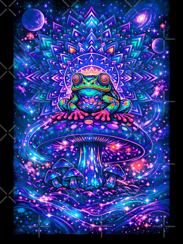 Trippy Cosmic Frog on Magic Mushroom – Psychedelic Mandala Galaxy Frog Art by RustedToad