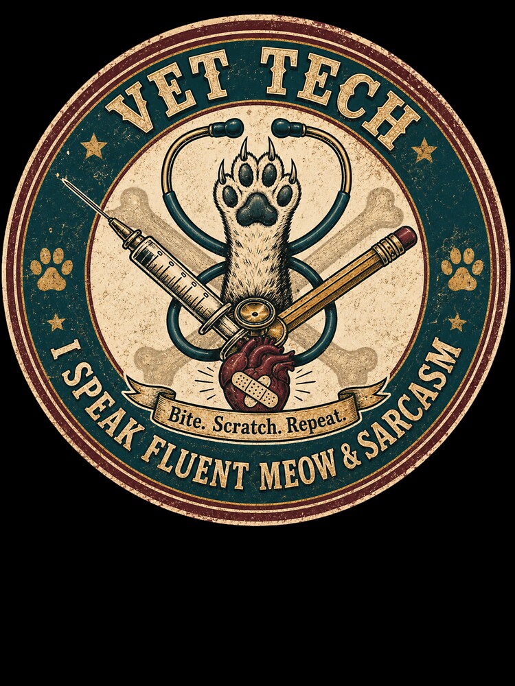 Vet Tech - I Speak Fluent Meow and Sarcasm Vintage Badge by SandiCreative