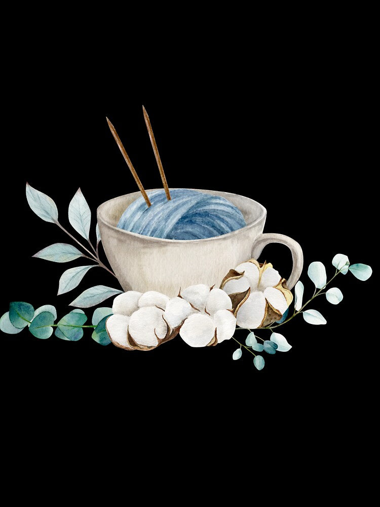 Hand draw watercolor illustration, ball of yarn with double pointed needles in the cup with cotton bolls and eucalyptus branches by TanyaKremen