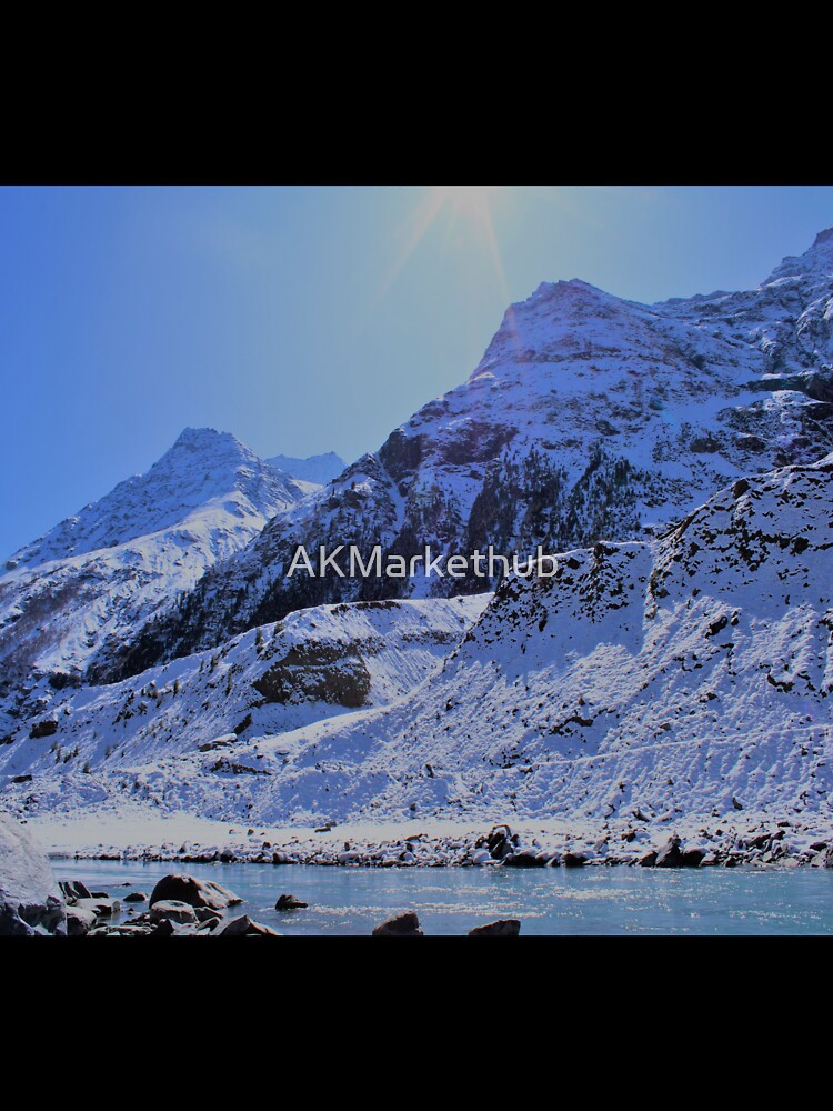 Blue snow mountain river valley by AKMarkethub