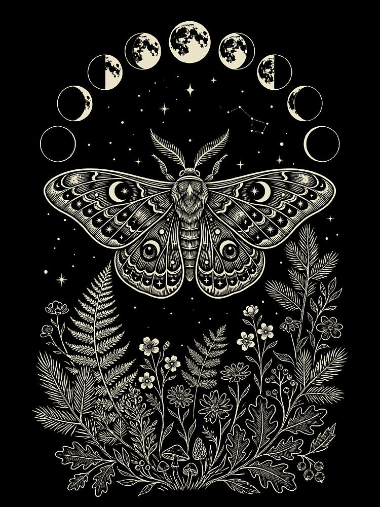 Moth Moon Phases – Celestial Lunar Symbol Illustration by Skyleton