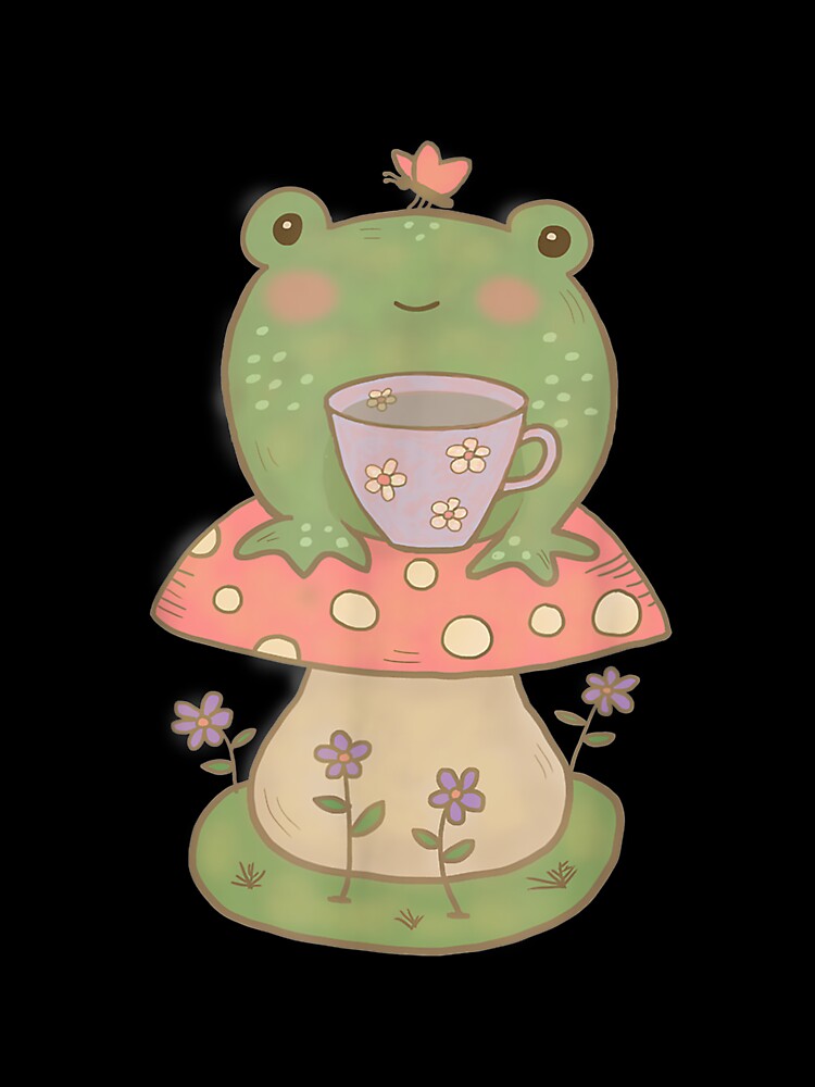 Pale Green Frog On Mushroom With Tea Cup by lindaxse