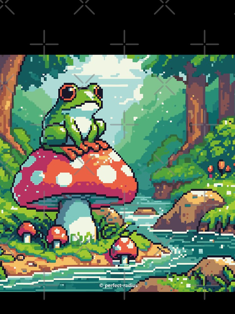 Cute kawaii frog sitting on mushroom and resting | pixel art by perfect-radius