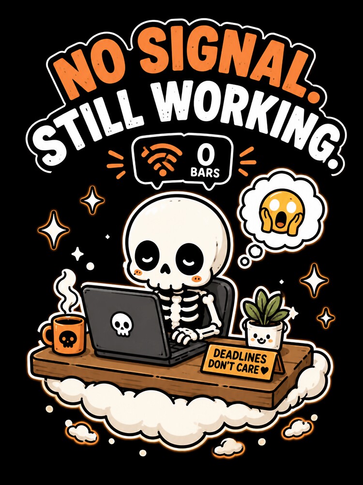 Cute Skeleton No Signal Still Working Funny Work Shirt — Kawaii Burnout Wifi Humor Remote Worker Gift by MaynyStudio