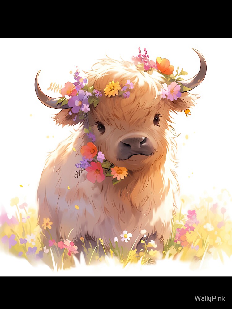 Cute highland cow calf baby in kawaii manga anime flower style by WallyPink