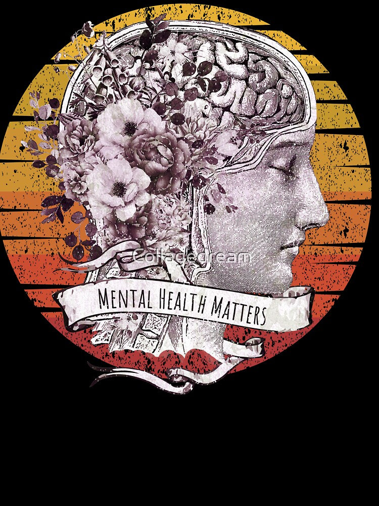 Brain anatomy floral mental health, brain psychology, sunset Vintage style, mental health matters by Collagedream