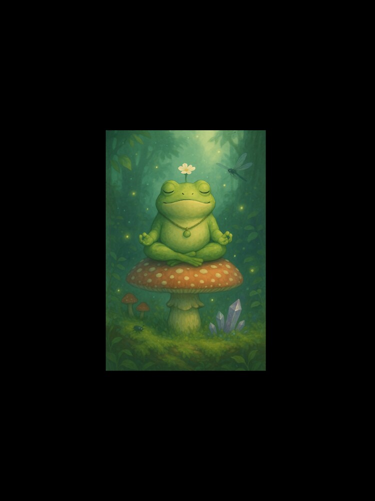 Meditating Frog on Mushroom – Whimsical Forest Spirit Art by SoftWavesStudio