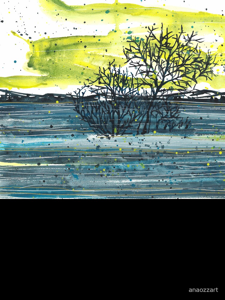Watercolor blue and yellow landscape, abstract landscape, trees by anaozzart
