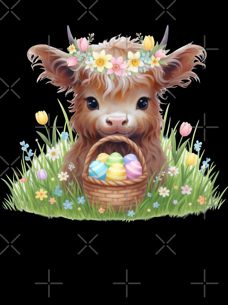EASTER CUTE BABY HIGHLAND COW, SITTING BY AN EASTER BASKET by davidjulie