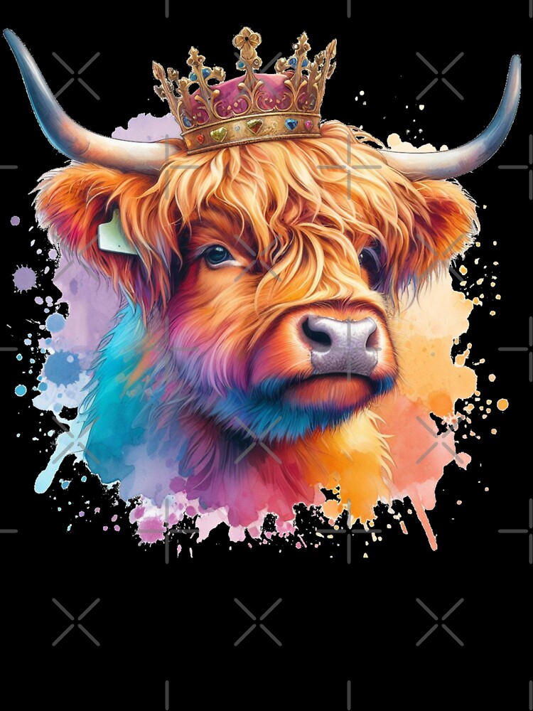 Scottish Highland Cow Wearing a Royal Crown Colorful Watercolor by MaedK