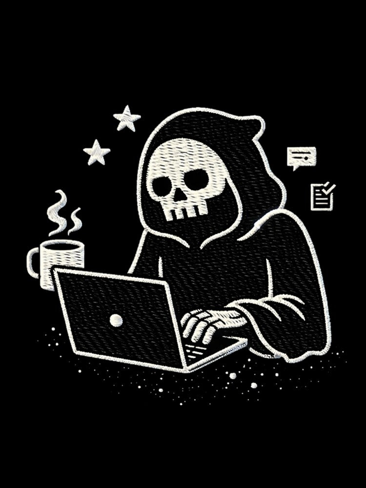 Grim Reaper Work From Home Funny Gothic Burnout Embroidery Design by ColorSplash123