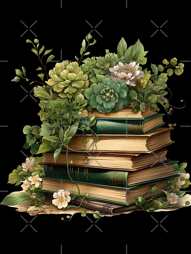 Stack of floral books with vines crawling up it. by PawsandPages