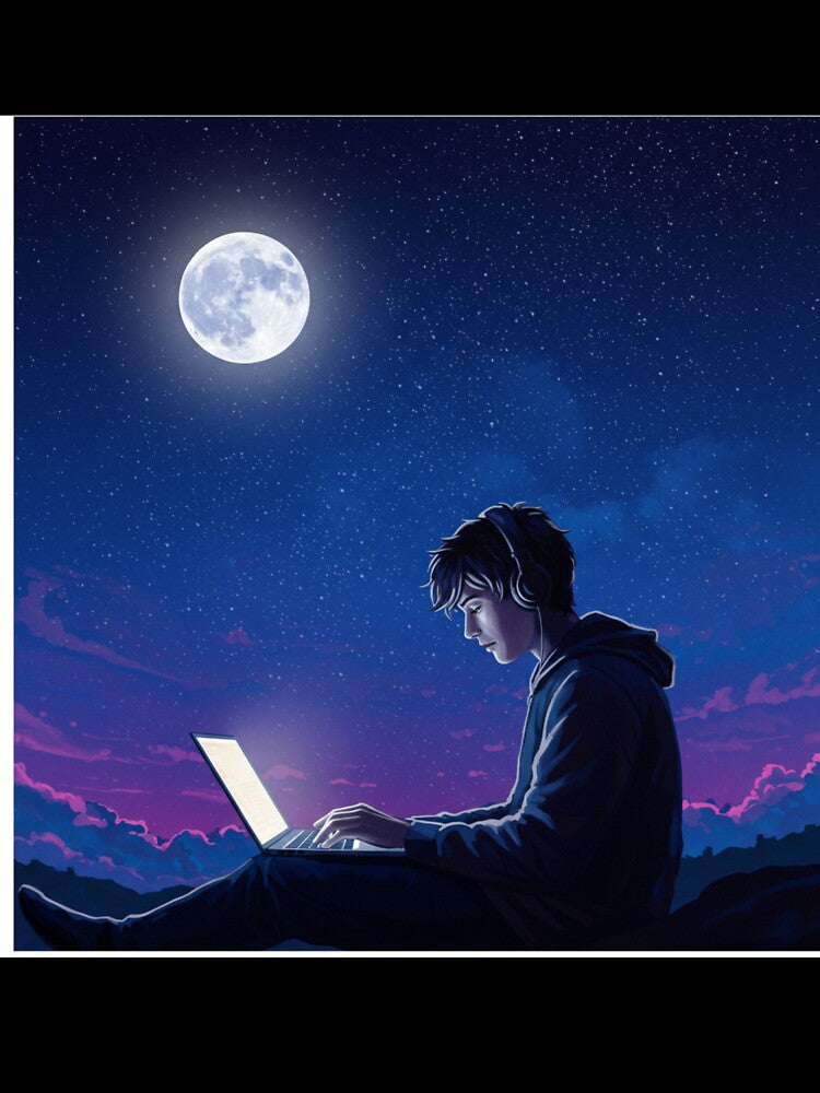Night Owl Remote Worker – Dreamy Digital Painting Wall Art Poster by BoldPrints4