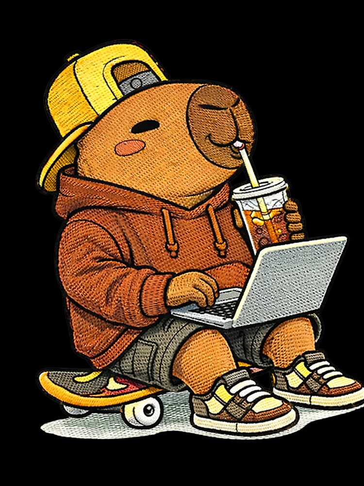 Laptop Work Capybara – Cute Kawaii Remote Work Capybara With Coffee Embroidered Patch Style by ColorSplash123