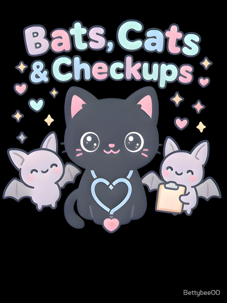 Bats, Cats & Checkups Kawaii Halloween Vet T-Shirt | Cute Cat & Bat Design by Bettybee00