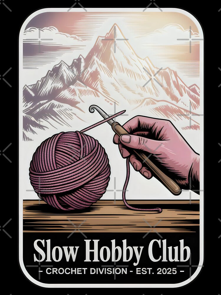 Slow Hobby Club Crochet Division Emblem with Mountains and Pink Yarn by SplashTastic
