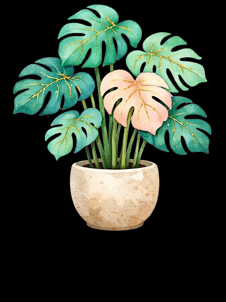 Golden Monstera Plant Watercolor Teal and Pink Tropical Leaves in Stone Pot by Owcomm