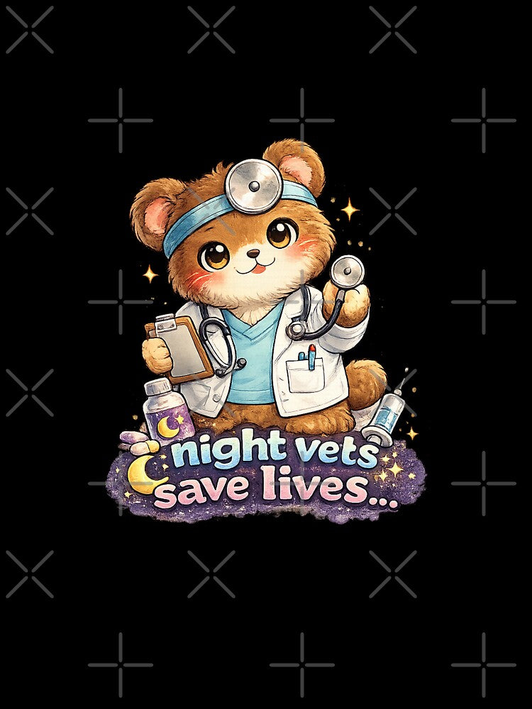 Night Vets Save Lives Kawaii Bear Art – Cute Vet Doctor Cartoon Illustration by Paws-nd-Prints