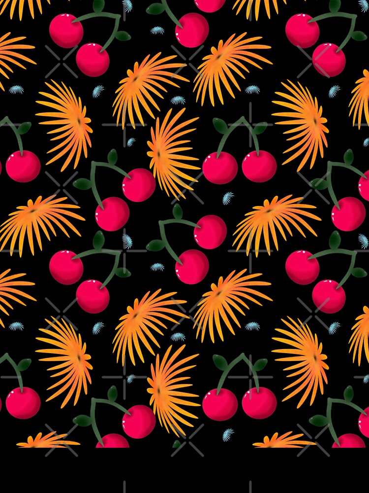 Orange Floral Cherry Pattern | Cute Girly Fruit & Flower Aesthetic | Blue Accent Seamless Design | Summer Trend Print by HopeAndHustle