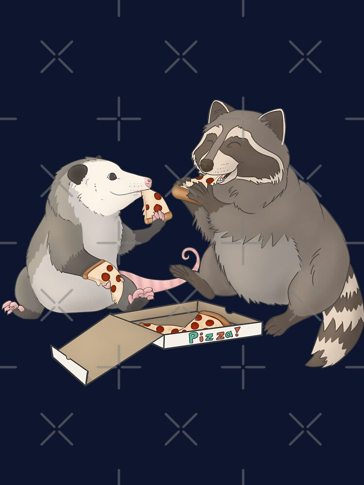 Possum and Raccoon eating pizza by Mehu