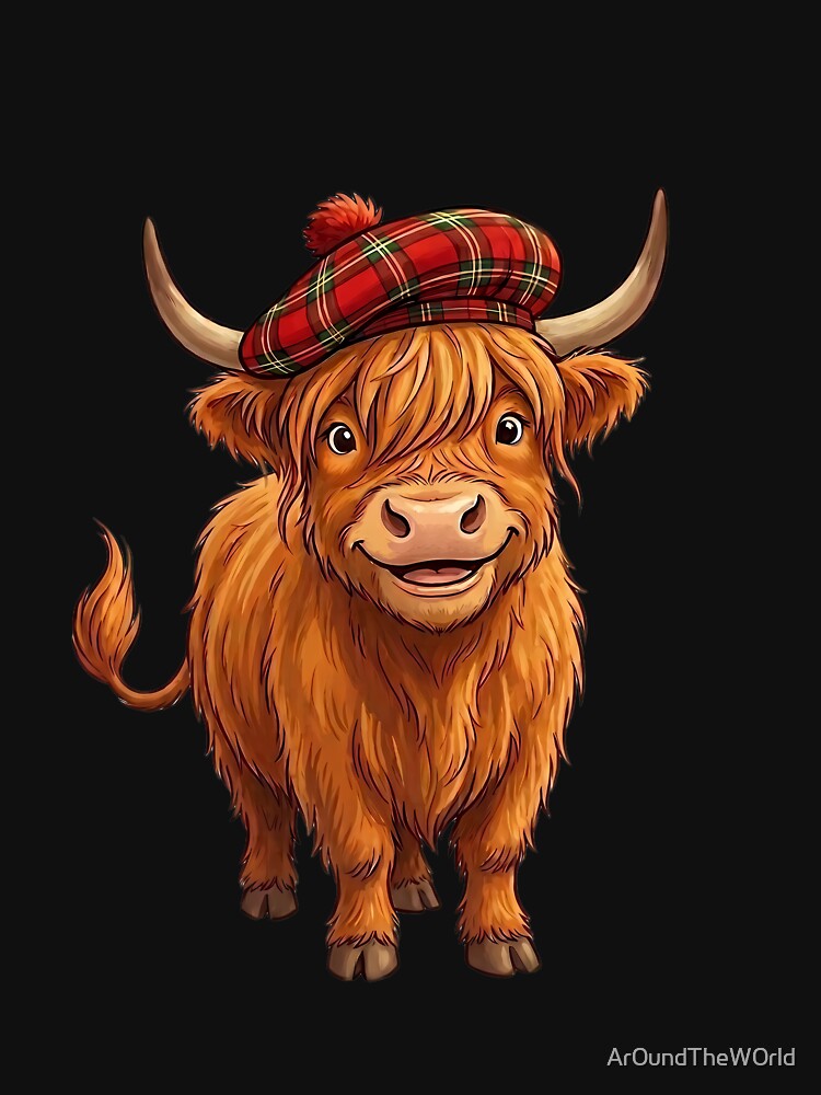 Cute Scottish Highland Cow in Tartan Hat Cartoon Animal Design by Ar0undTheW0rld