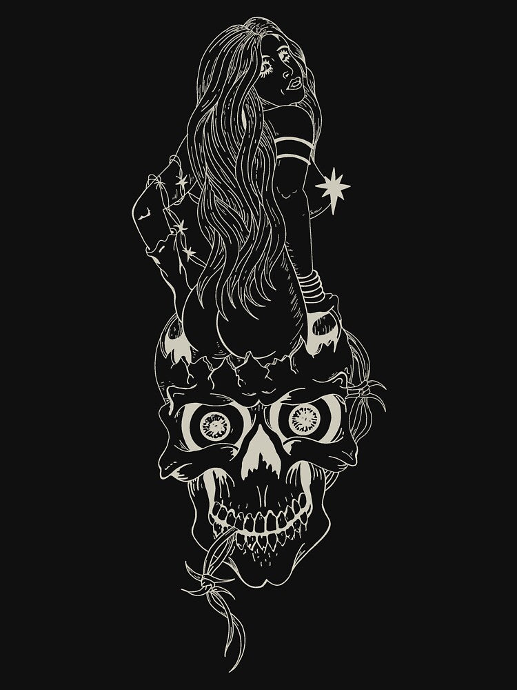 Goth Flash Tattoo of Woman in Skull by Arcane Orchid