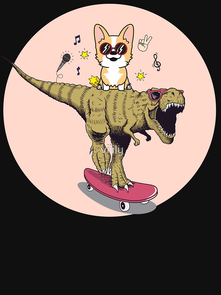 CORGI AND T-REX GO TO THE DISSCO T-SHIRT by vilily