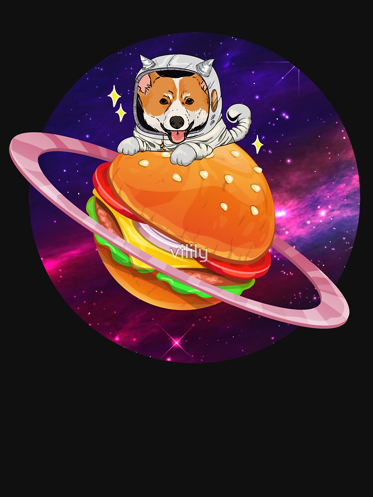 CORGI ON BUGER SPACE T-SHIRT by vilily