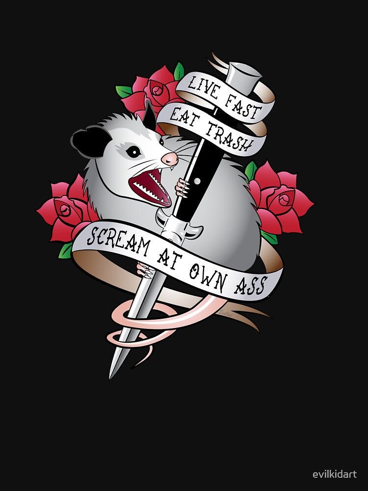 Opossum tattoo: Live fast, eat trash, scream at own ass. by evilkidart
