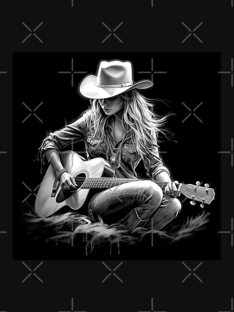 Western Cowgirl Playing Guitar | Black and White Country Music Art by inkoutninja