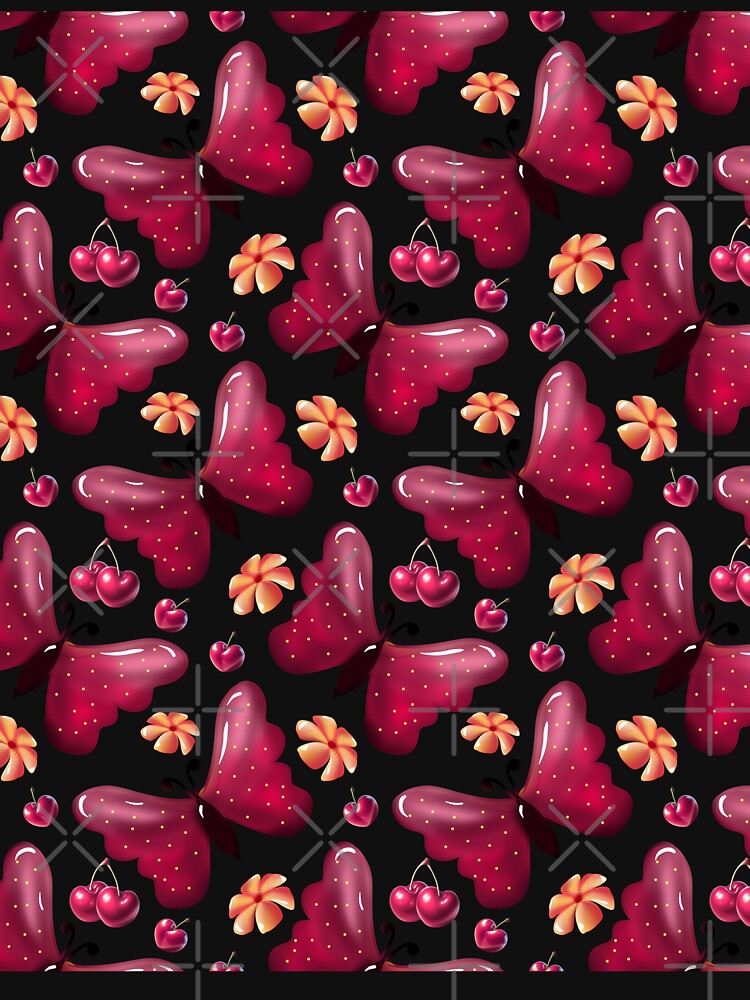 Pink Butterfly Cherry Seamless Pattern | Cute Floral Black Background | Whimsical Spring Botanical Design by HopeAndHustle