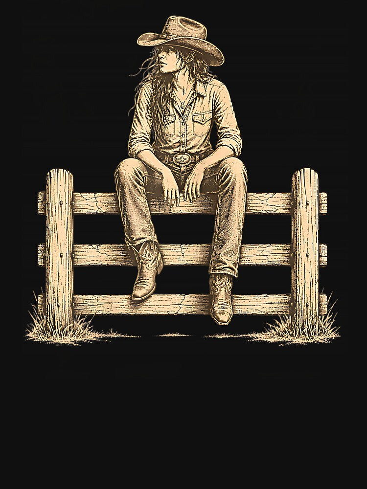 Cowgirl Sitting on Fence at Dusk Western Art by Rahamkshop