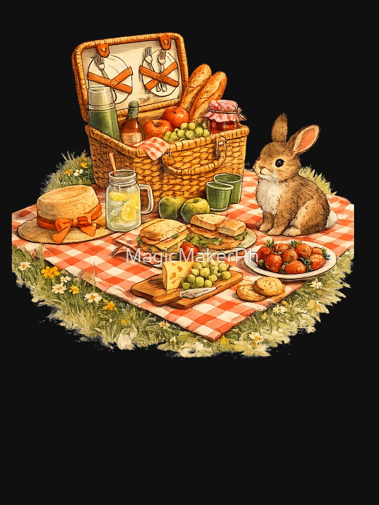 Retro 1960s Picnic Illustration – Vintage Wicker Hamper Rabbit Design by MagicMakerPh